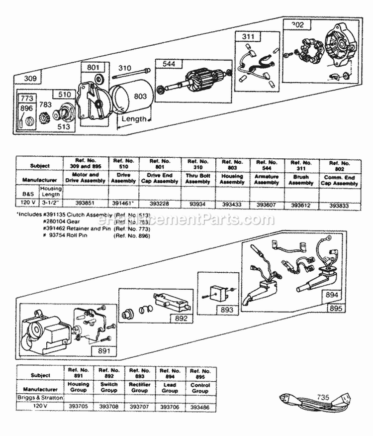 Electric Starter And Starter Diagram and Parts List for  Briggs and Stratton Engine